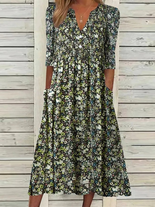 Casual Short Sleeve Woven V Neck Floral Midi Dress