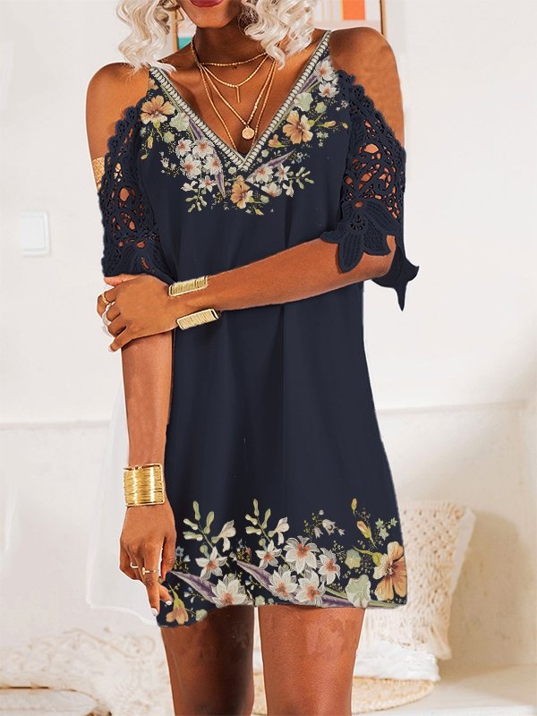 Off Shoulder Cold Shoulder Casual Short Sleeve Floral Print Knitting Dress