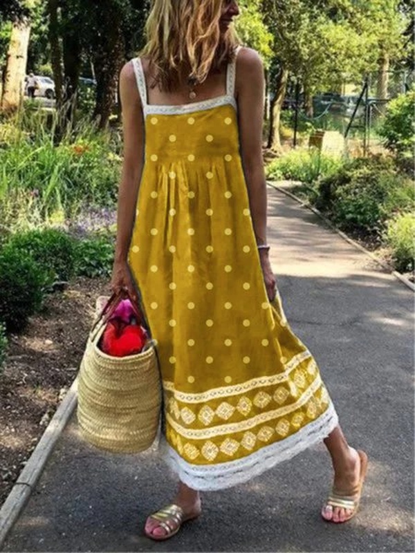 Women Sleeveless Polka Dots Casual Weaving Dress