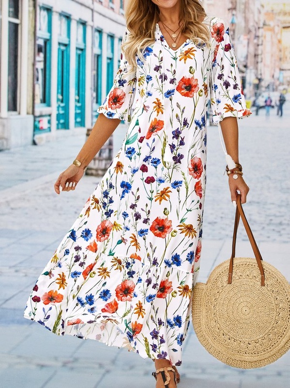Casual Floral V Neck Short Sleeve Woven Dress