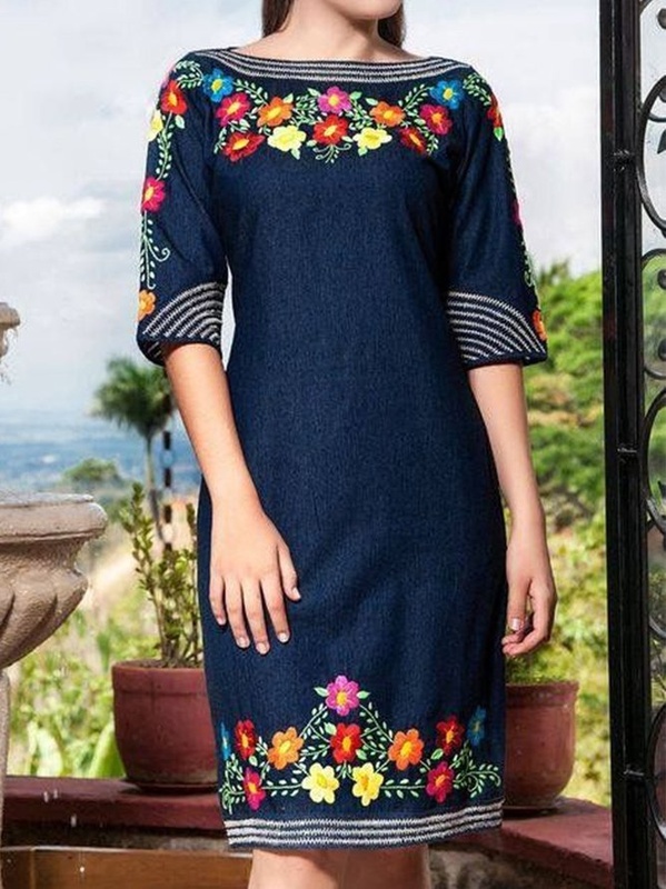 Shift Printed Half Sleeve Vintage Weaving Dress