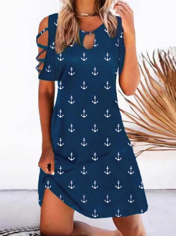 Anchor Casual Round Neck Short Sleeve A line Dress