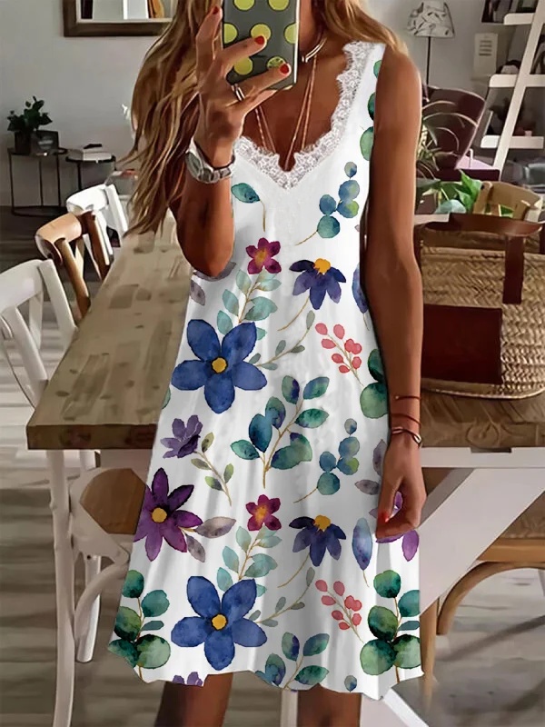 Floral Casual V neck Sleeveless Knit Dress