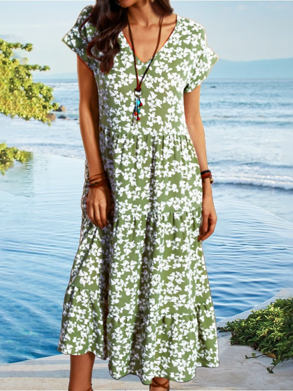 Short Sleeve V Neck Resort Weaving Dress