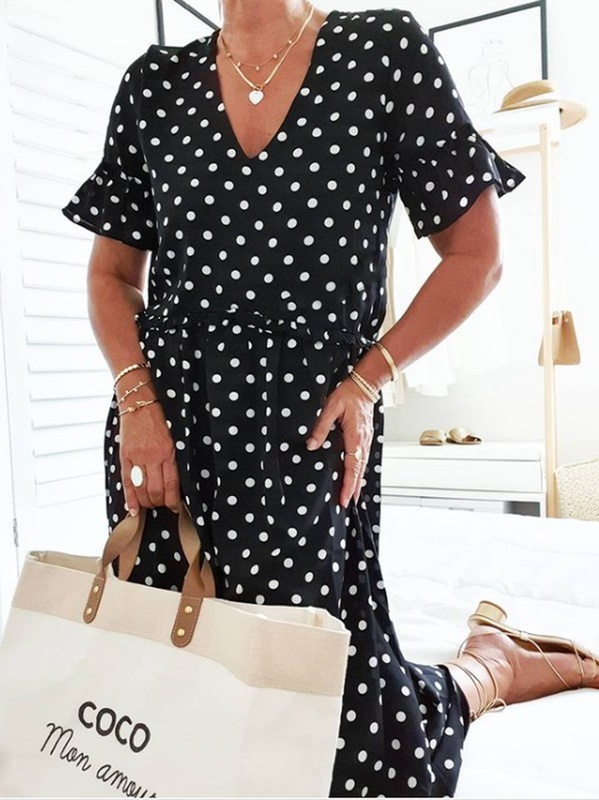 Black Polka Dots Printed V Neck Frill Sleeve Short Sleeve Holiday Casual Weaving Dress