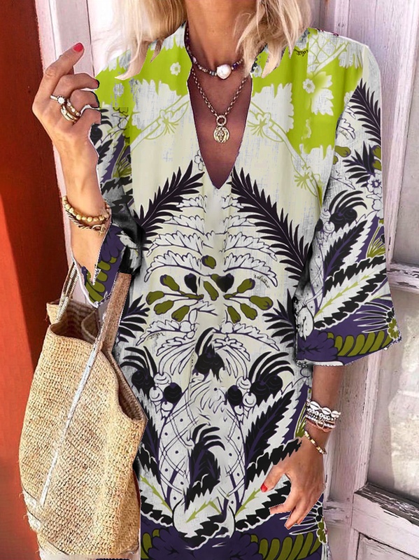 3 4 Sleeve A Line Vintage V Neck Weaving Dress