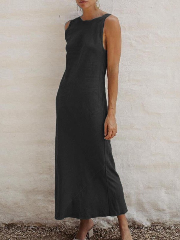 Plus Size Casual Round Neck Sleeveless SolidDresses