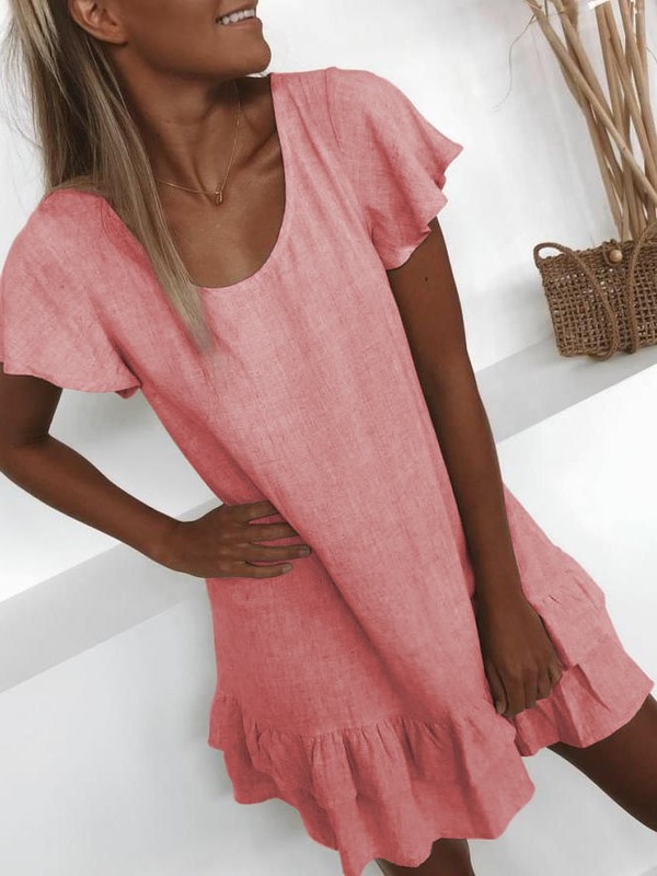 Casual U Neck Solid Short Sleeve Mini Weaving Dress