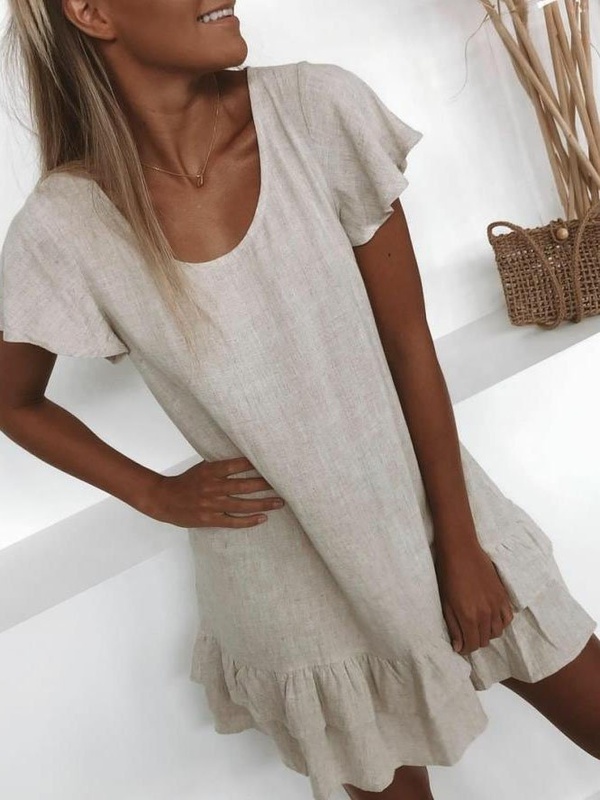 Casual U Neck Solid Short Sleeve Mini Weaving Dress
