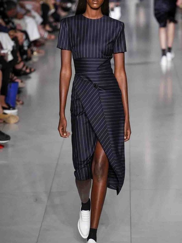 Blue Cotton Blend Cocktail Striped Crew Neck Weaving Dress