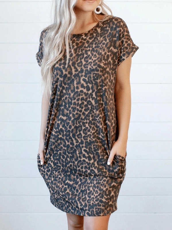 Crew Neck Leopard Casual Short Sleeve Weaving Dress