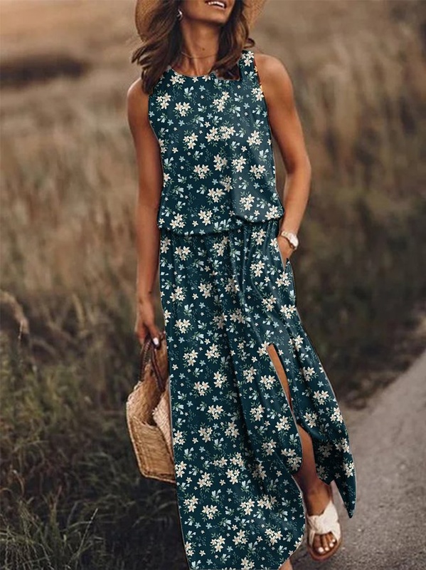 Blue Crew Neck Floral Casual Sleeveless Weaving Dress