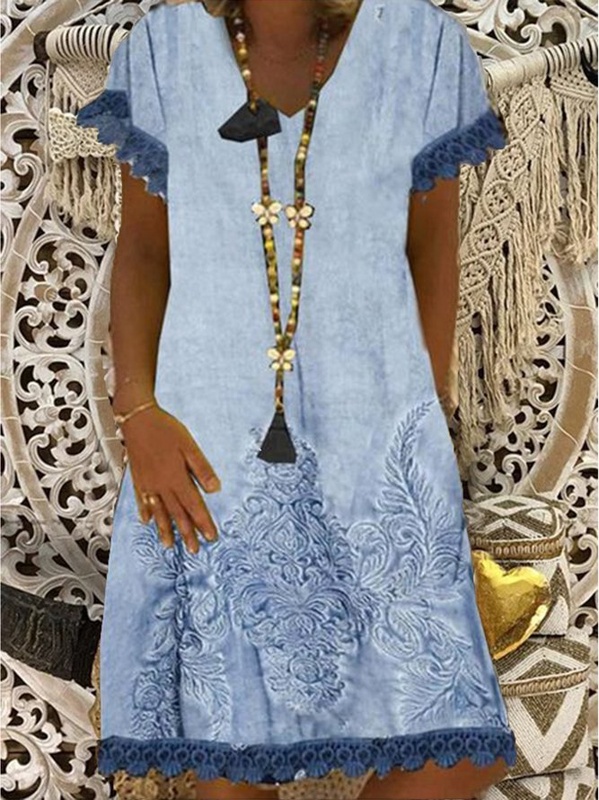 Plus SIze Vintage Boho Hippie Shift Short Sleeve V Neck Weaving Dress