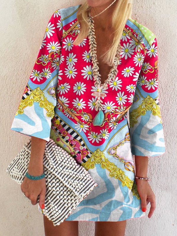 Holiday Cotton Blend V Neck Shift Weaving Dress