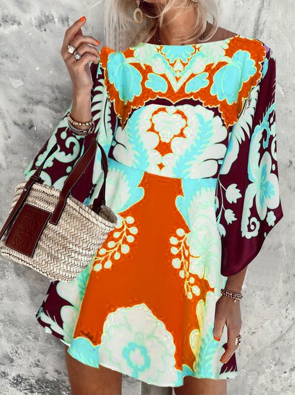 Loose Paisley Crew Neck Cotton Blend Half Sleeve Shorts