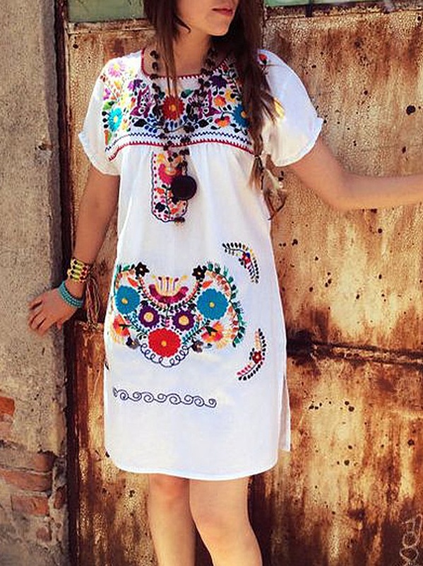 Short Sleeve Casual Floral Weaving Dress