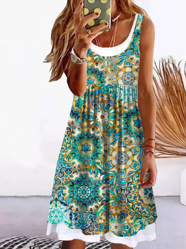 Tribal Loosen Crew Neck Vacation Short Dress