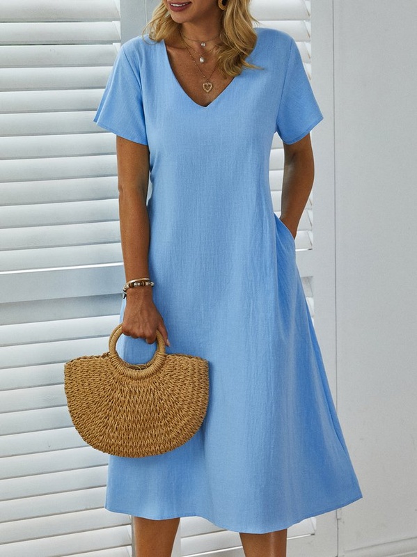 New Women Chic Vintage Boho Hippie Short Sleeve V Neck Plain Casual Weaving Dress