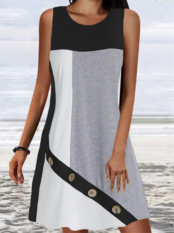 Color block Plain Sleeveless Crew Neck Buttoned Casual Dresses