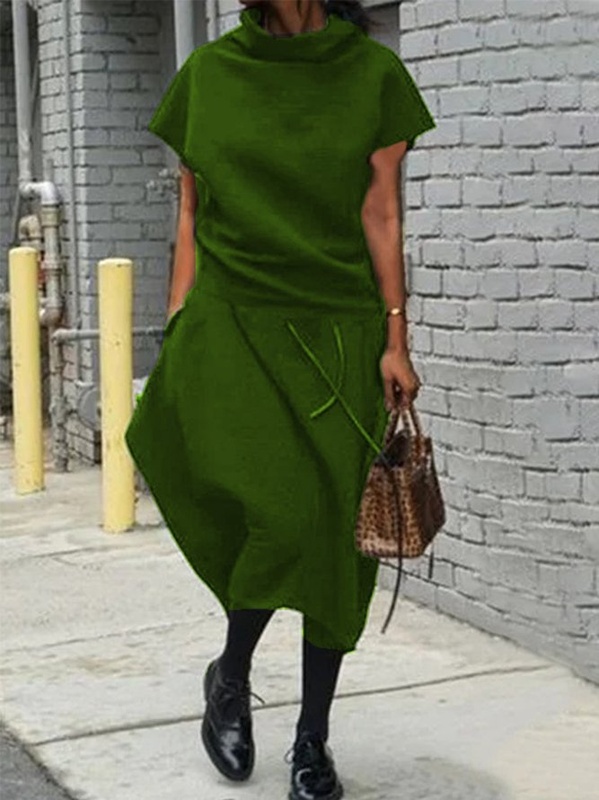 Vintage Plain Statement Plus Size Short Sleeves Stand Collar Casual Weaving Dress