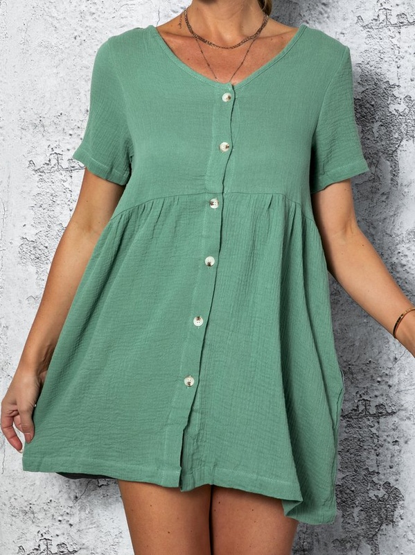 Casual V Neck Short Sleeve Solid Weaving Dress