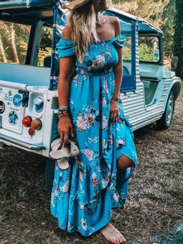 Short Sleeve Off Shoulder Boho Printed Weaving Dress