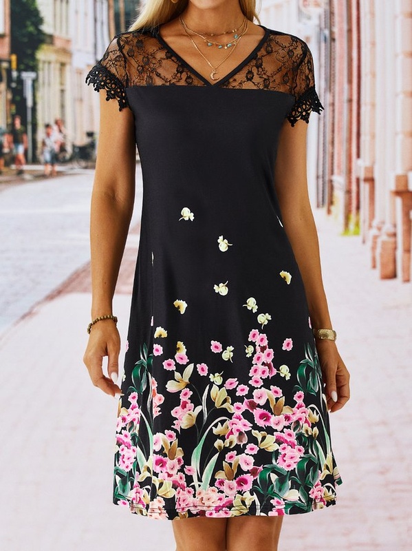 Floral Lace V neck Casual Short Sleeve Knit Dress