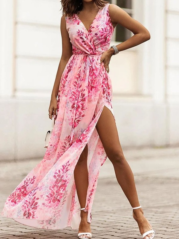 V Neck Loose Casual Floral Printed Vented Hem Dress