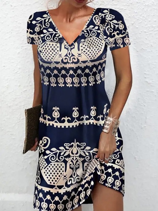 Ethnic Casual Loose V Neck Dress