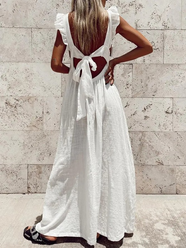 Plain Flouncing Cap Sleeve Lace up Square Neck Casual Long Dress