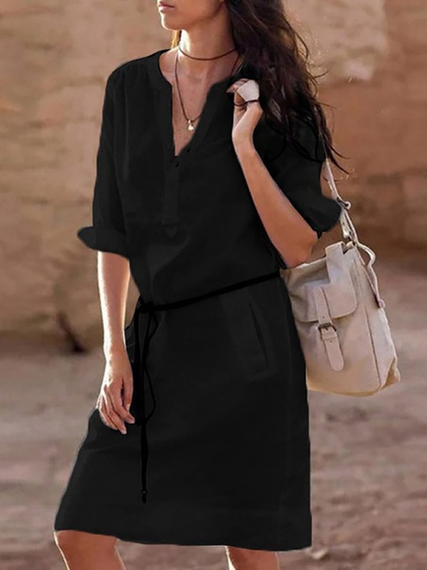 Casual Solid Stand Collar Cotton Blend Casual Dress