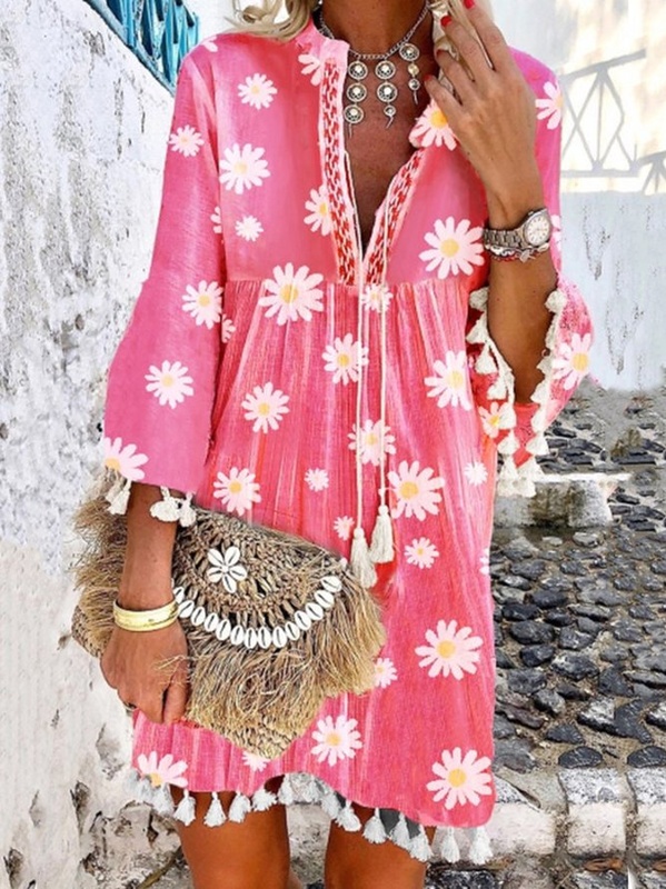 Rose Red Boho Holiday Floral Printed Tassel V Neck 3 4 Sleeve Weaving Dress