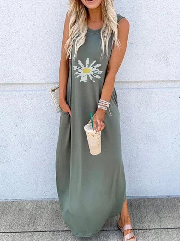 Blue Floral Sleeveless Cotton Blend Knitting Dress