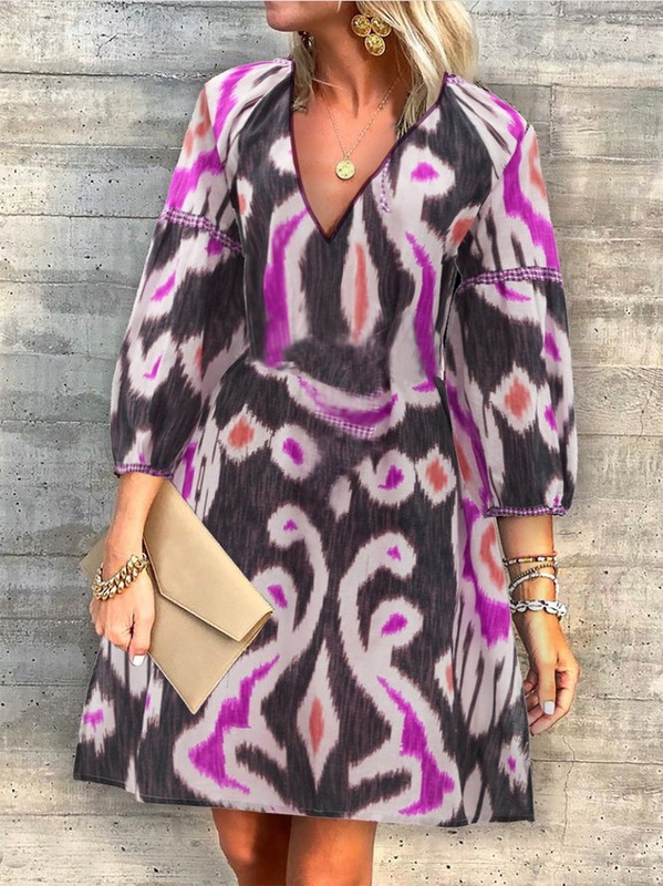 Casual A Line V Neck 3 4 Sleeve Weaving Dress