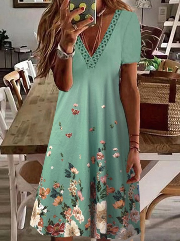 Floral V Neck Cotton Blend Green Midi Short Sleeve Knit Dress