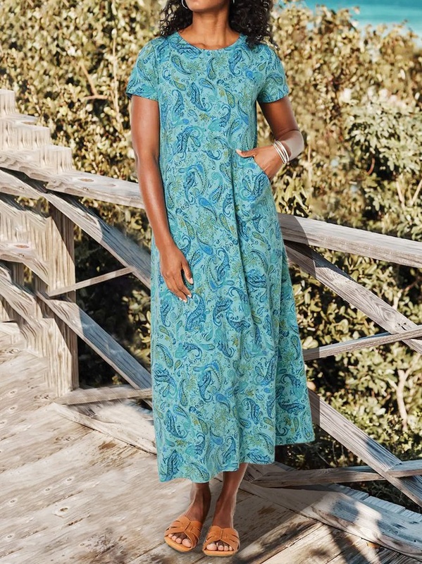 Basic Paisley Short Sleeve Printed Knitting Dress