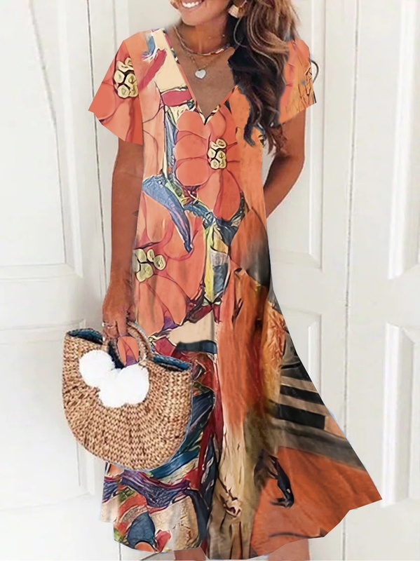 Floral V Neck Loose Polyester Fibre Short Dress