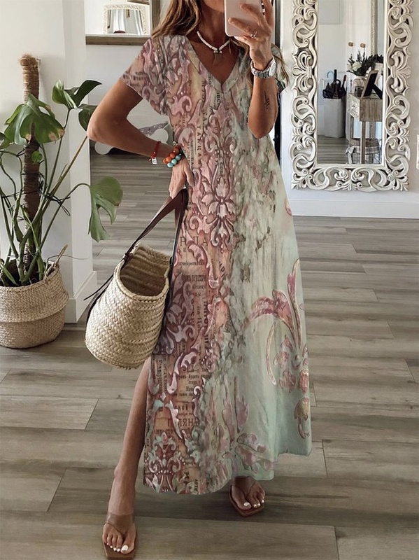 V Neck Ethnic Short Sleeve Casual Dress