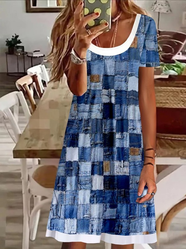 Crew Neck Plaid Printed Casual Mock Two piece Dress