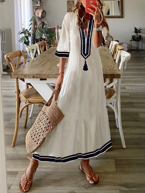 V Neck Casual Loose Striped Dress