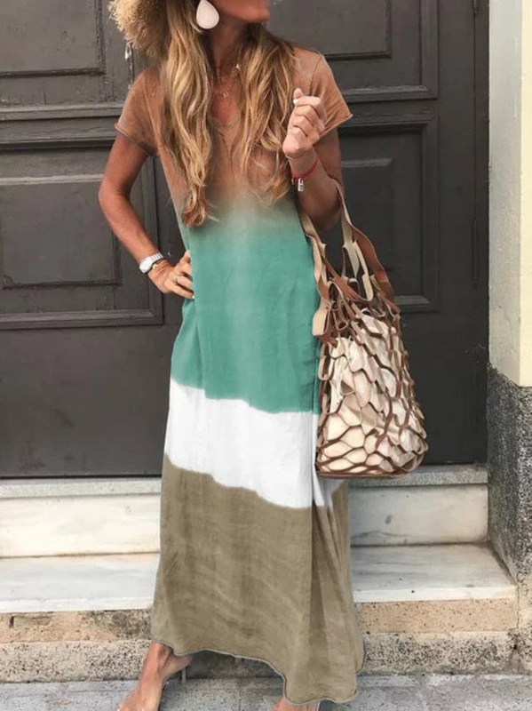 Women Short Sleeve V Neck Vintage Gradient Striped Casual Knitting Dress