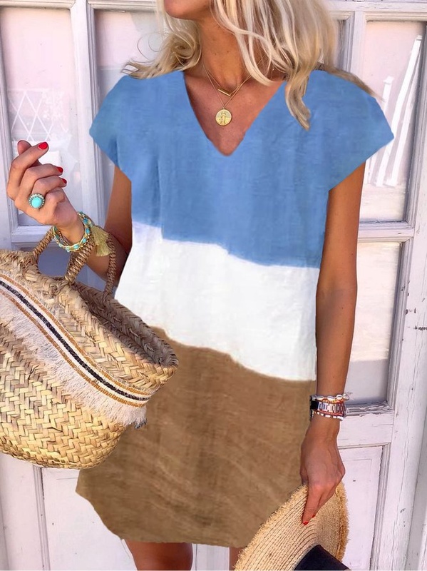 Womens Boho V Neck Short Sleeve Casual Shift Weaving Vacation Tunic Dress