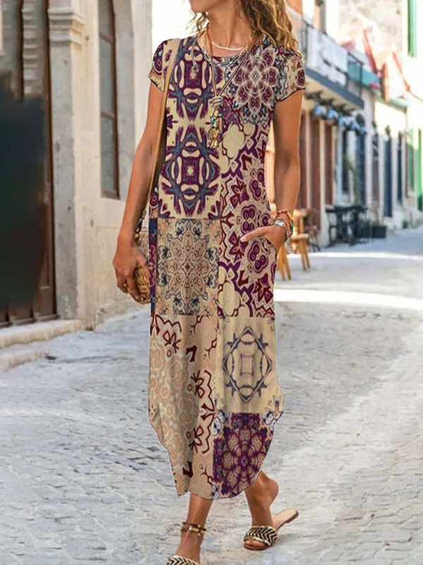 Womens Vacation Casual Ethnic Crew Neck Jersey Casual Boho Maxi Dress