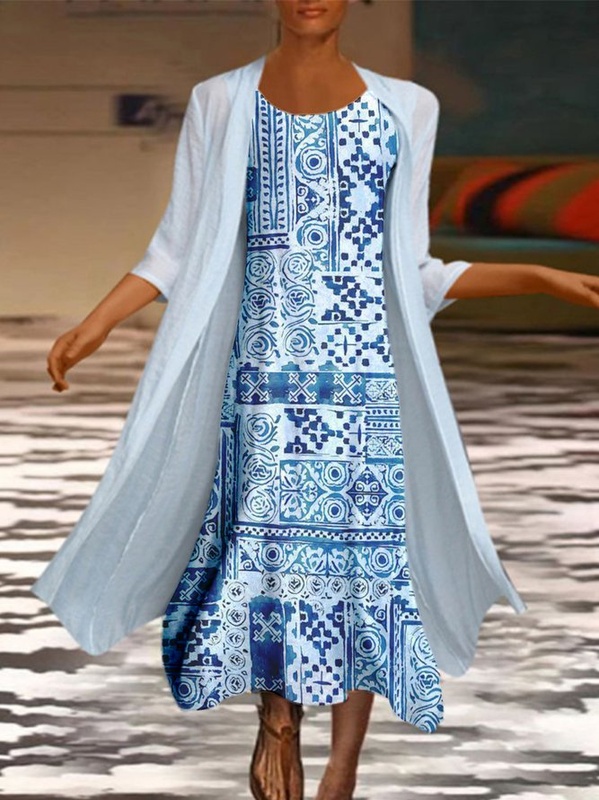 Casual Printed A Line Round Neck 3 4 Sleeve Daily Casual Suits