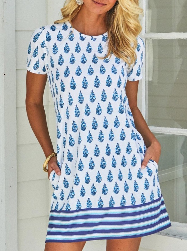Geometric Short Sleeve Crew Neck Casual Tunic Dress