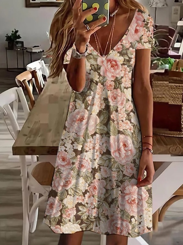 V Neck Floral Casual Dress