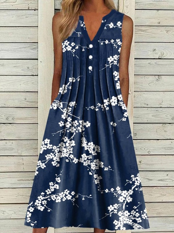 V Neck Casual Sleeveless Floral Dress