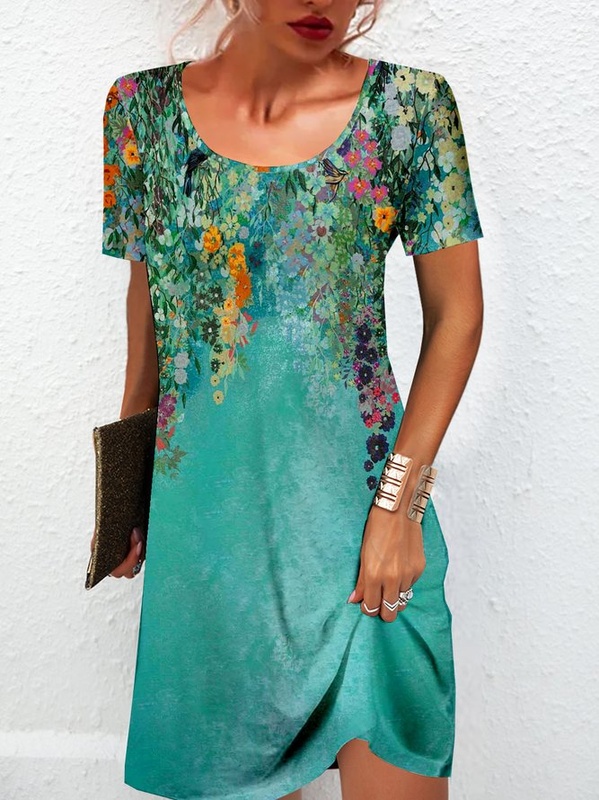 Floral Printed Crew Neck Jersey Casual Dress