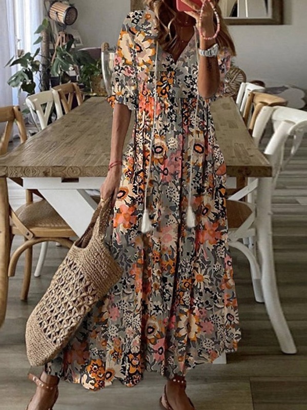 Loosen Floral Short Sleeve Woven Dress