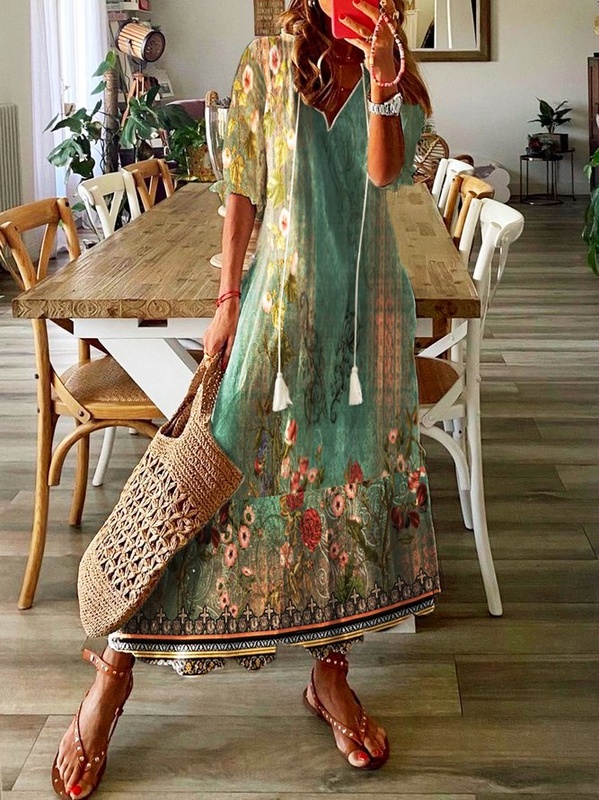 Floral Half Sleeve Tassel V Neck Casual Dress